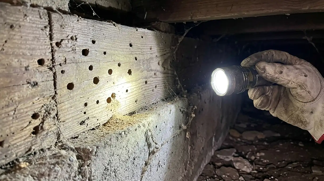 Deathwatch beetle damage in crawl space framing under a San Jose house