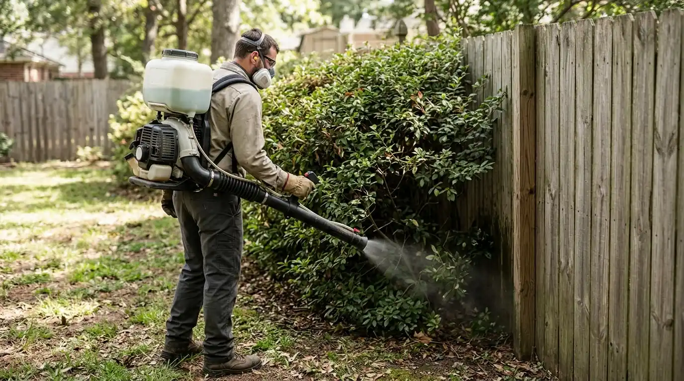 Barrier treatment applied to shaded hedge foliage in a San Jose backyard