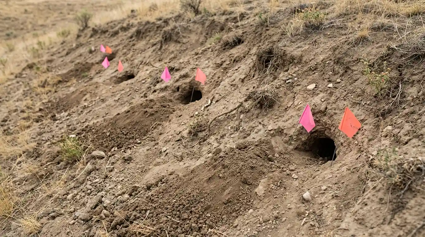 Active ground squirrel burrows marked along a San Jose slope