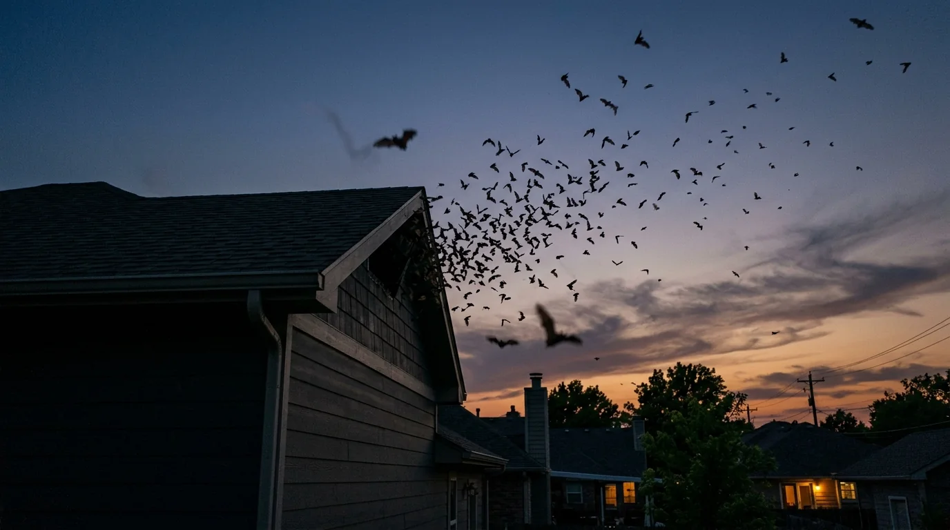 Bats emerging from a roofline at dusk in San Jose