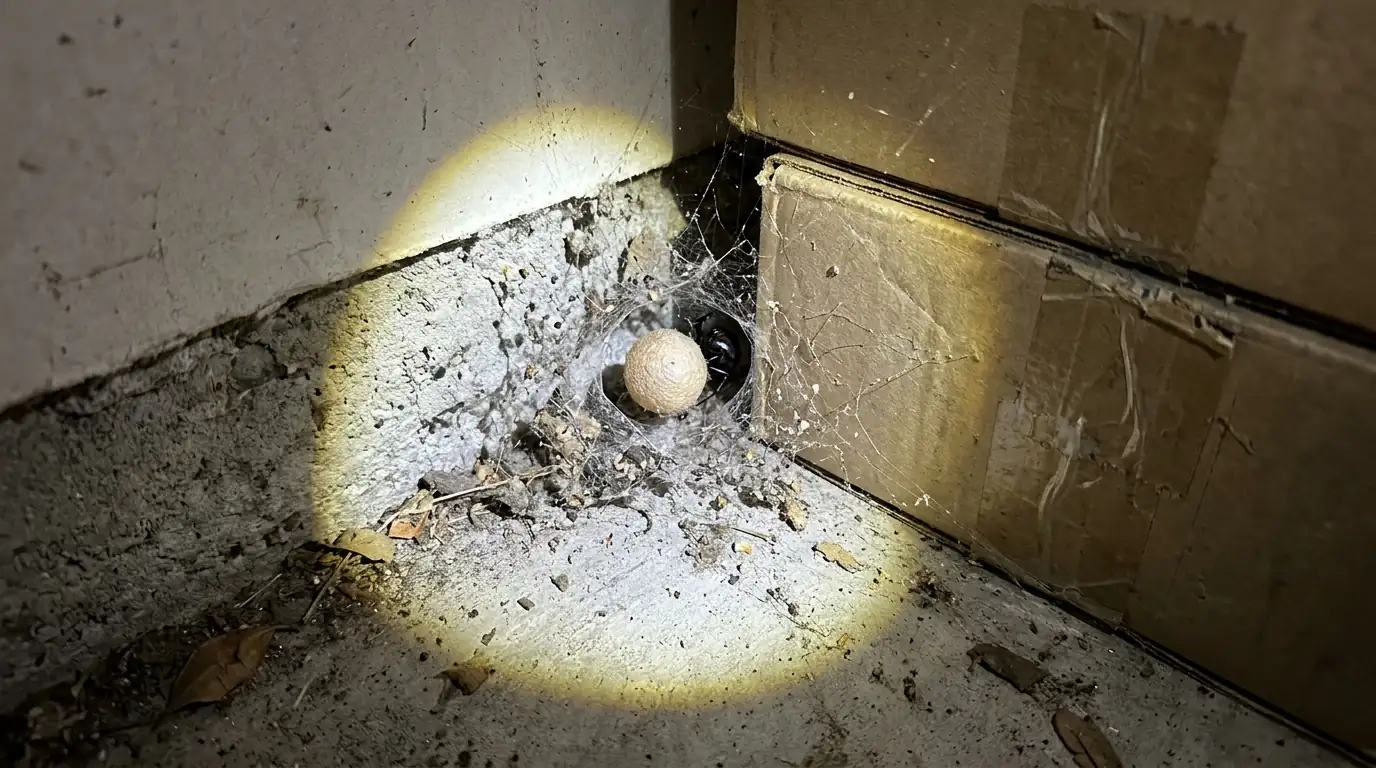 Black widow web and egg sac found in a San Jose garage corner