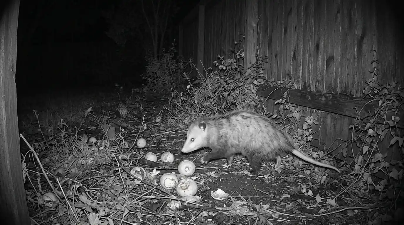 Opossum on a nightly route through a San Jose backyard