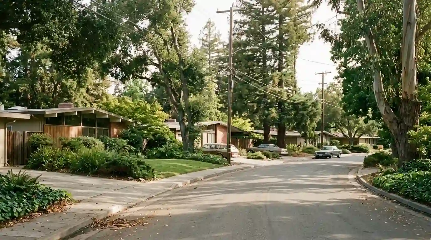 Mid-century Cupertino street with mature landscaping