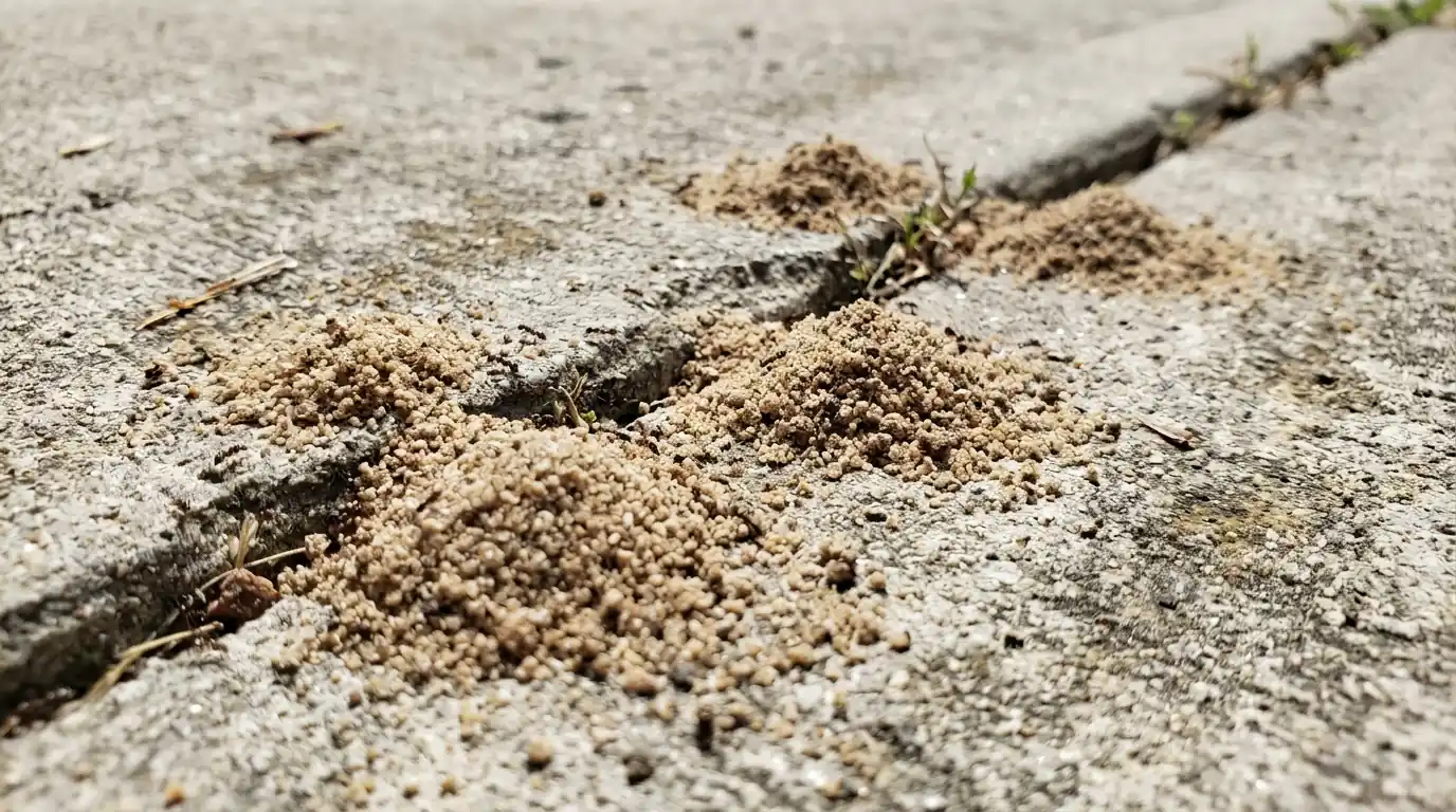 Pavement ant mounds in a San Jose driveway crack