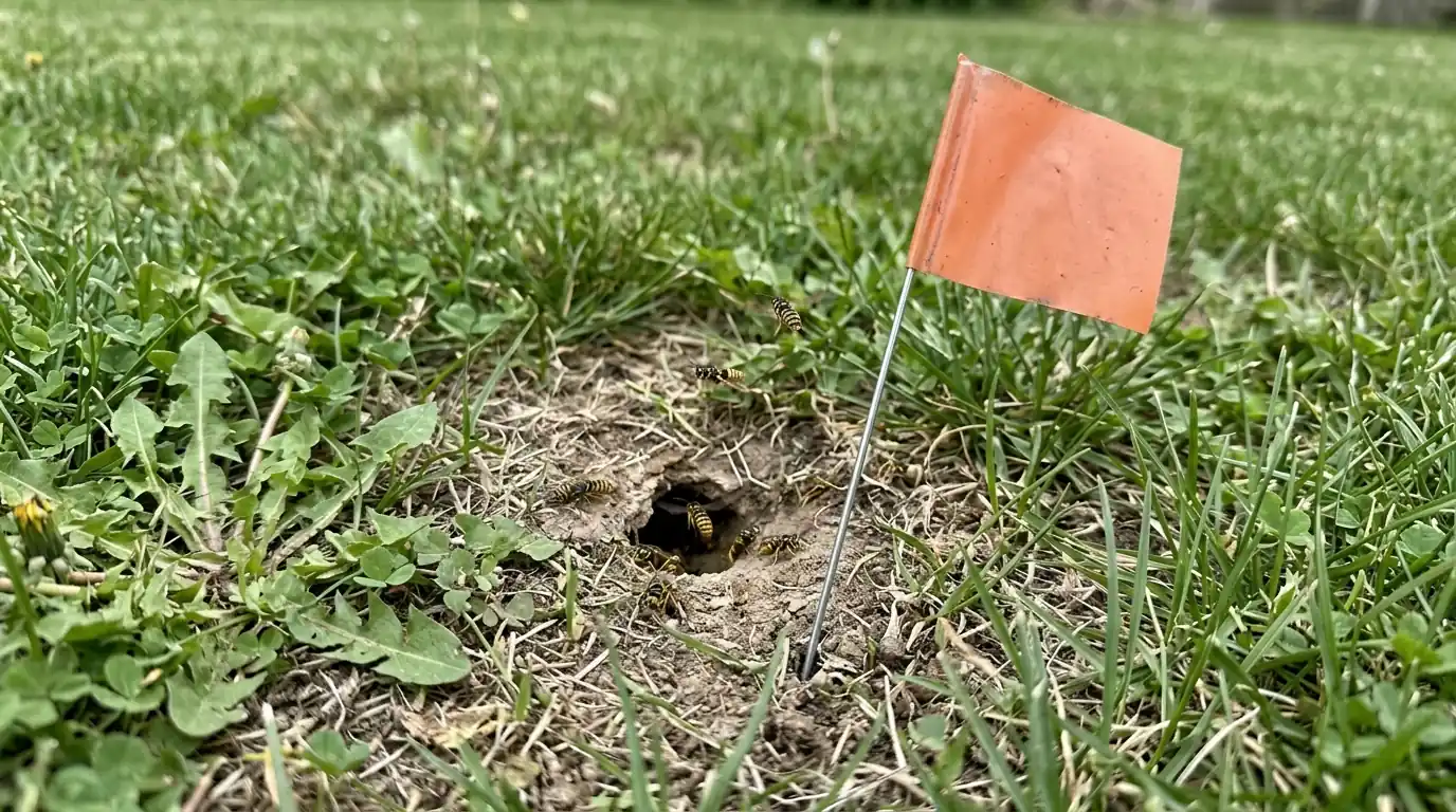 Yellow jacket ground nest entrance marked in a San Jose lawn