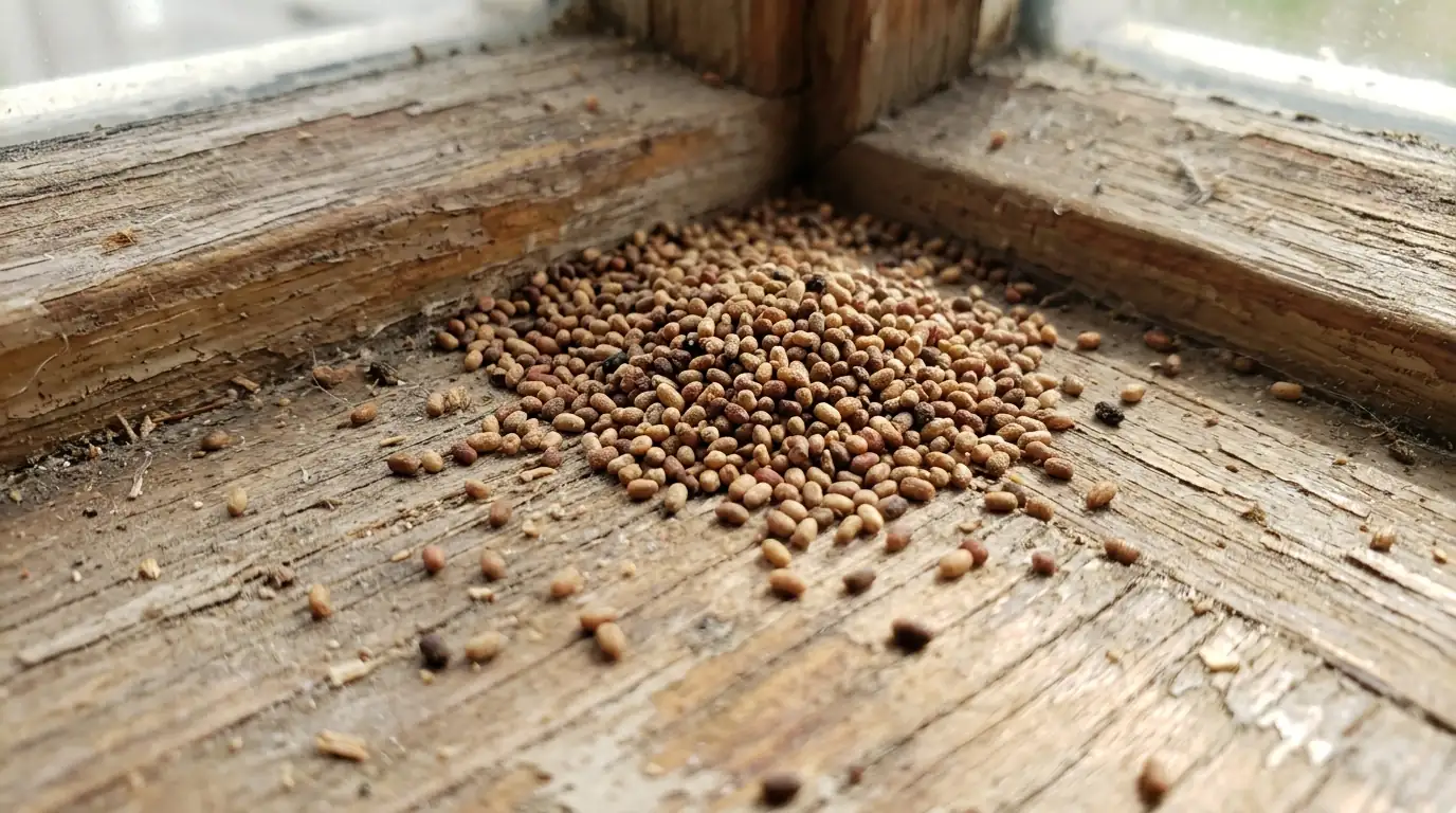 Drywood termite frass on a sill in Santa Clara
