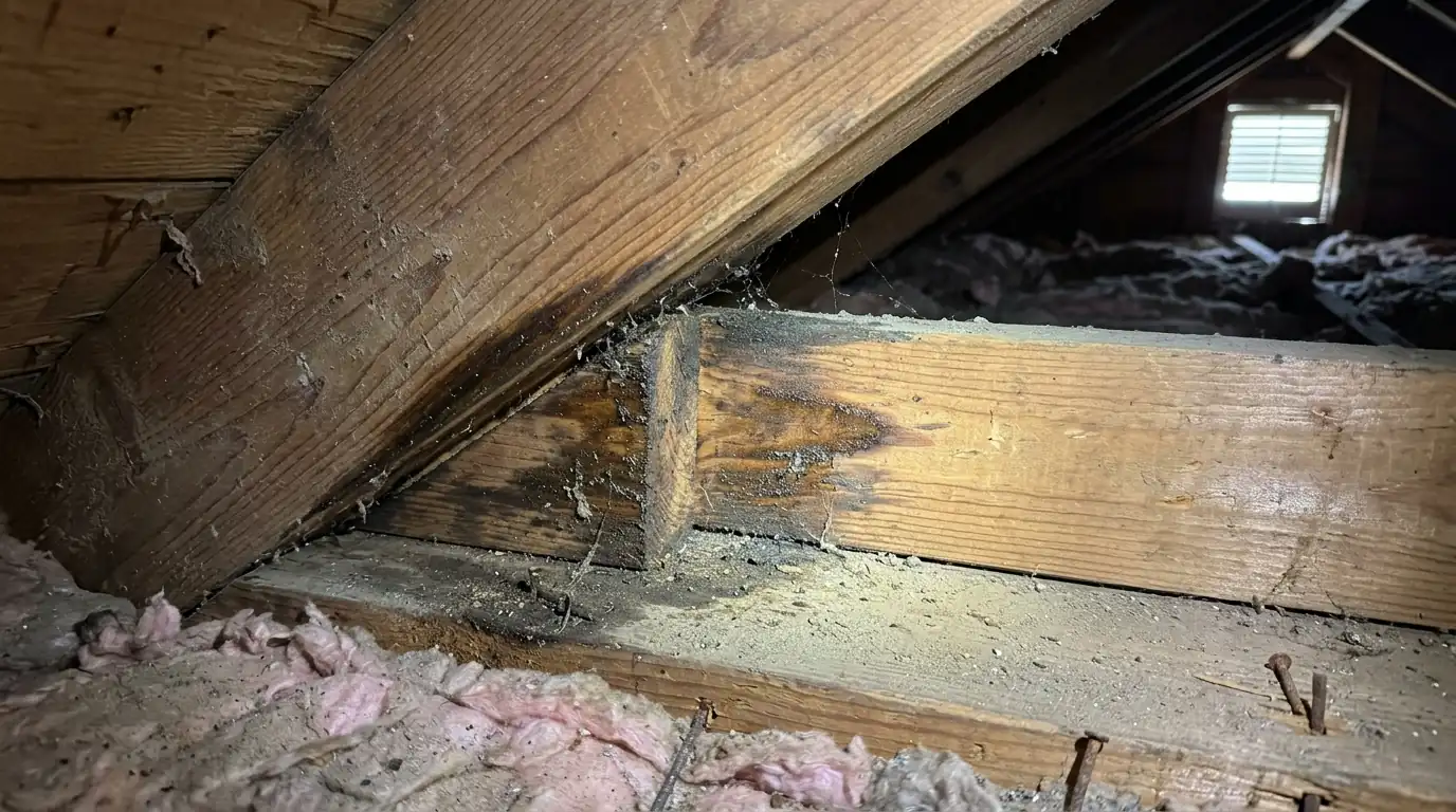 Rodent rub marks tracing an entry route in a San Jose attic