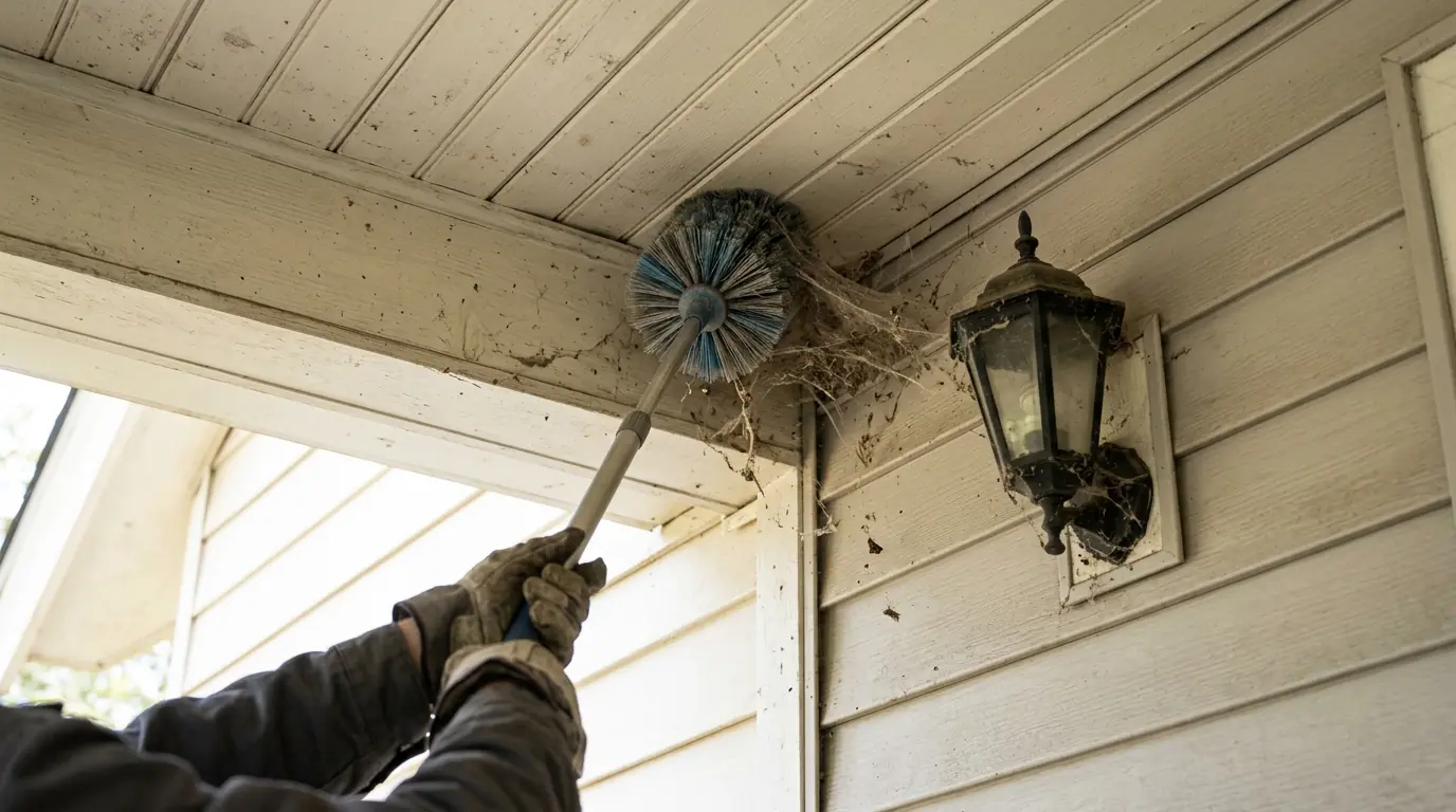 Eave and porch webbing swept during San Jose spider service