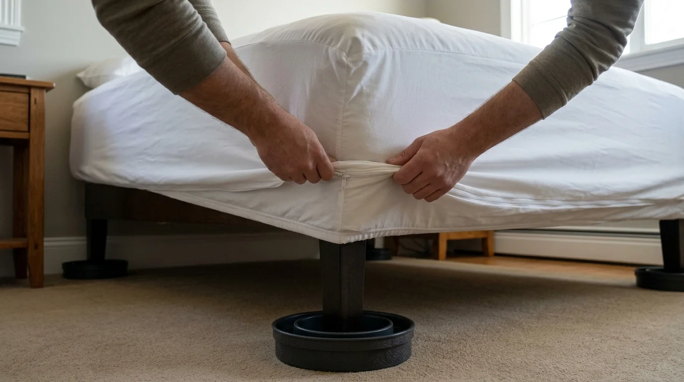 Mattress encasement and interceptors installed after bed bug treatment in San Jose