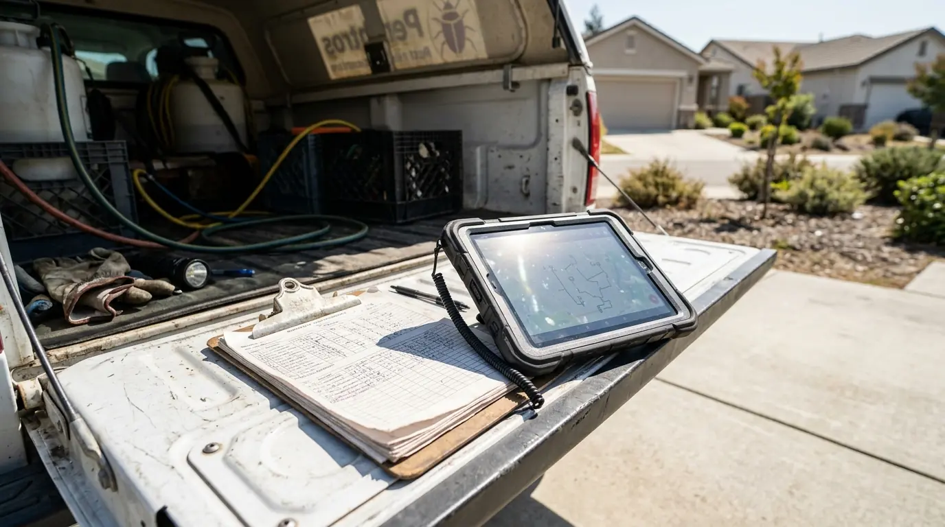 Quarterly pest service schedule on a truck tailgate in a San Jose driveway