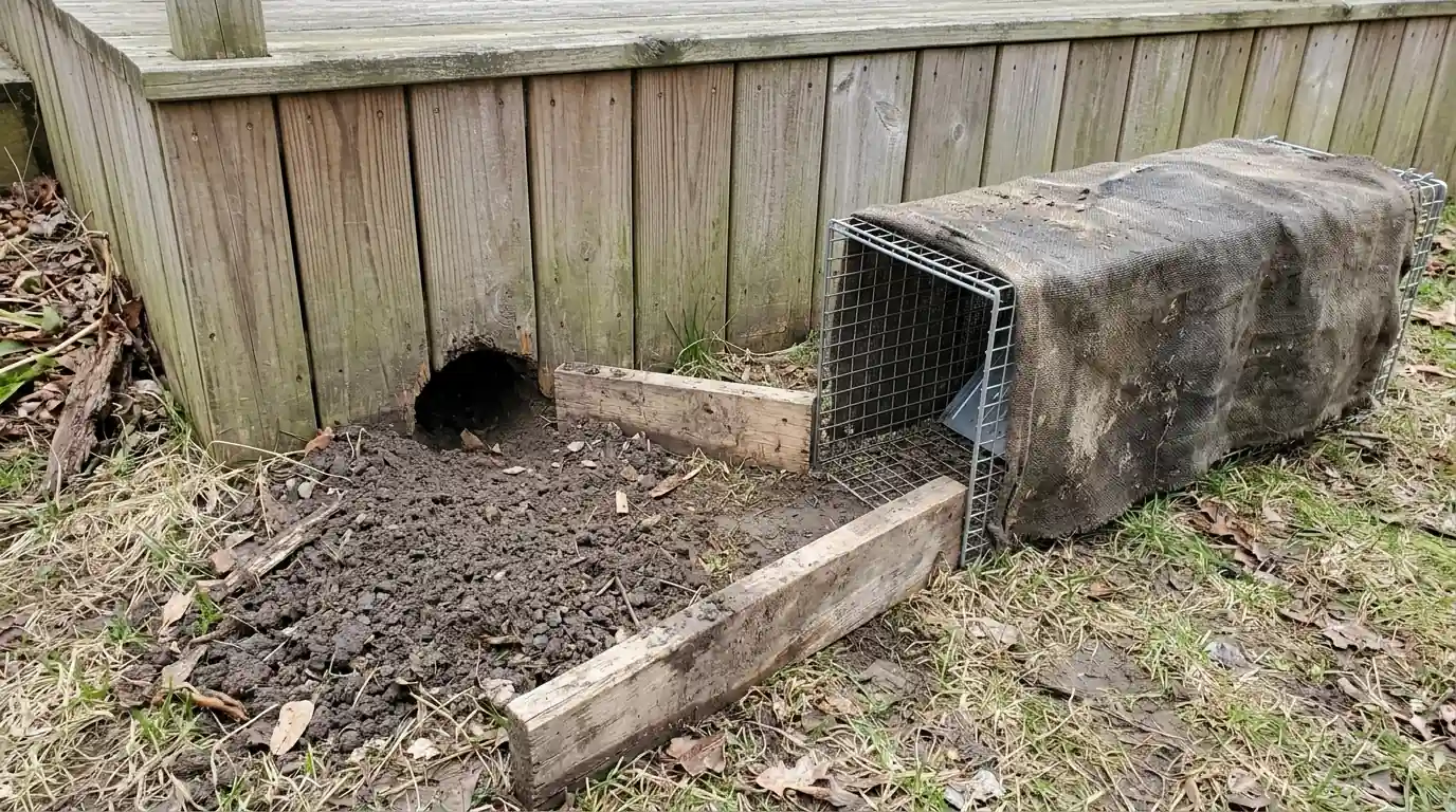 Humane trap set at a den entry under a San Jose deck