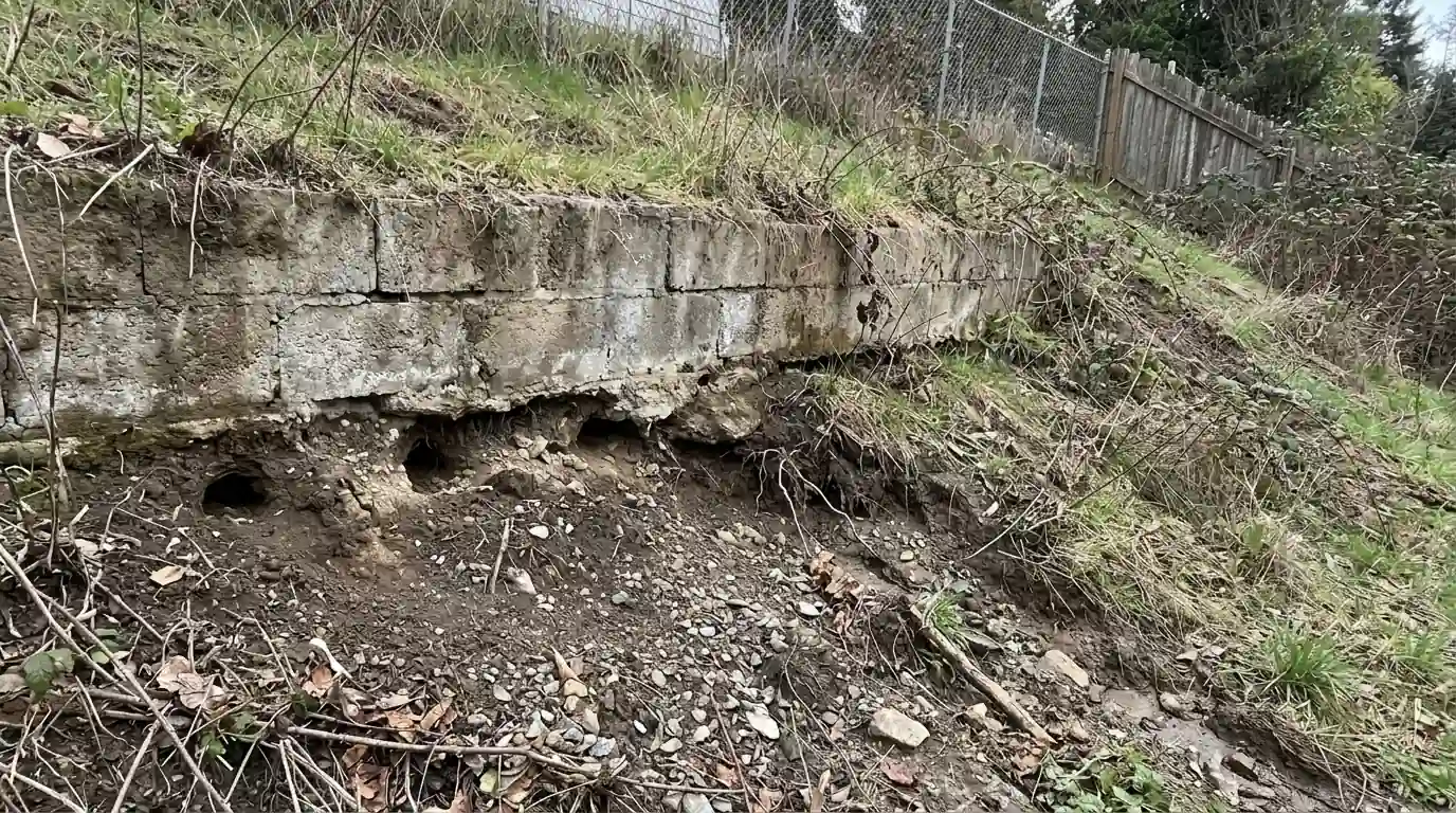 Burrow damage at a retaining wall base on a San Jose hillside