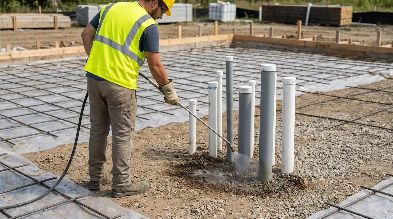Pre-slab soil treatment on a San Jose construction site