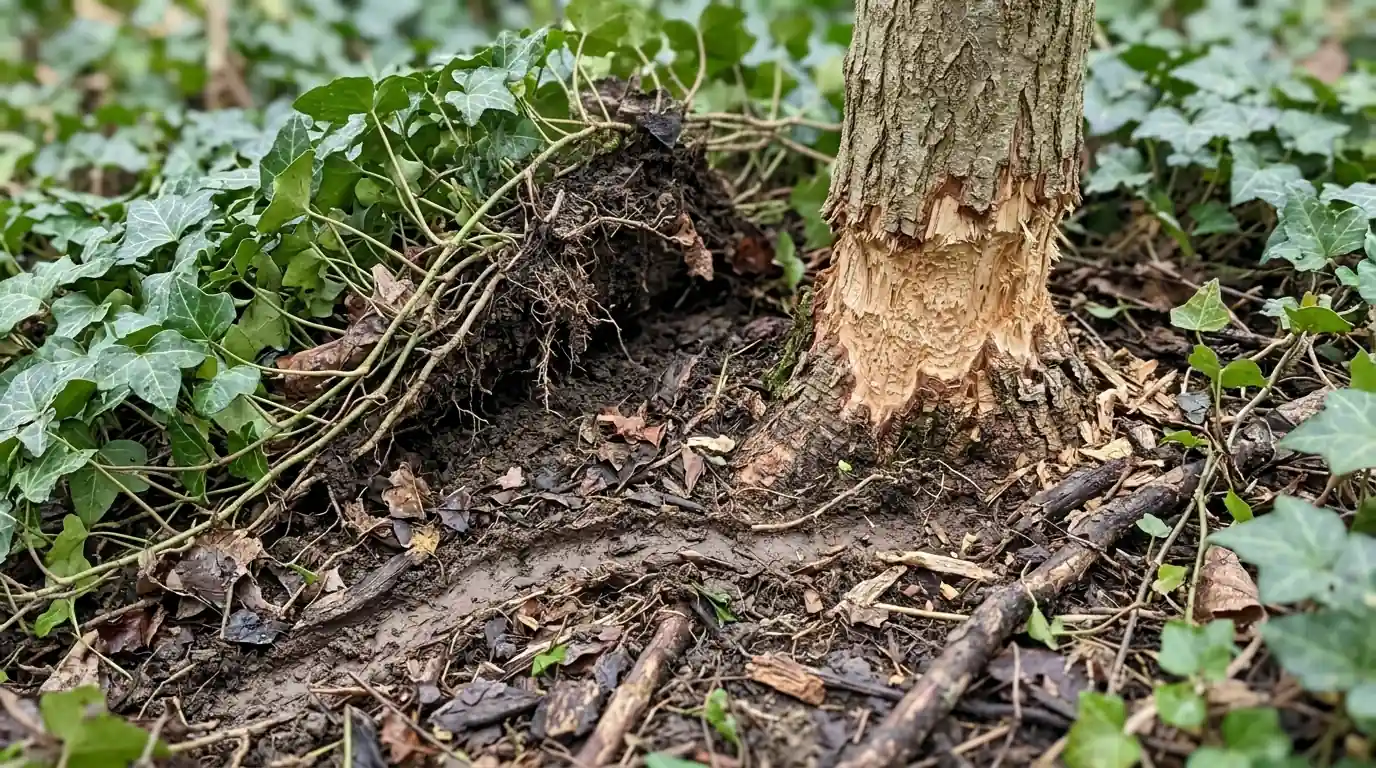 Vole runway and girdled bark found under groundcover in a San Jose garden