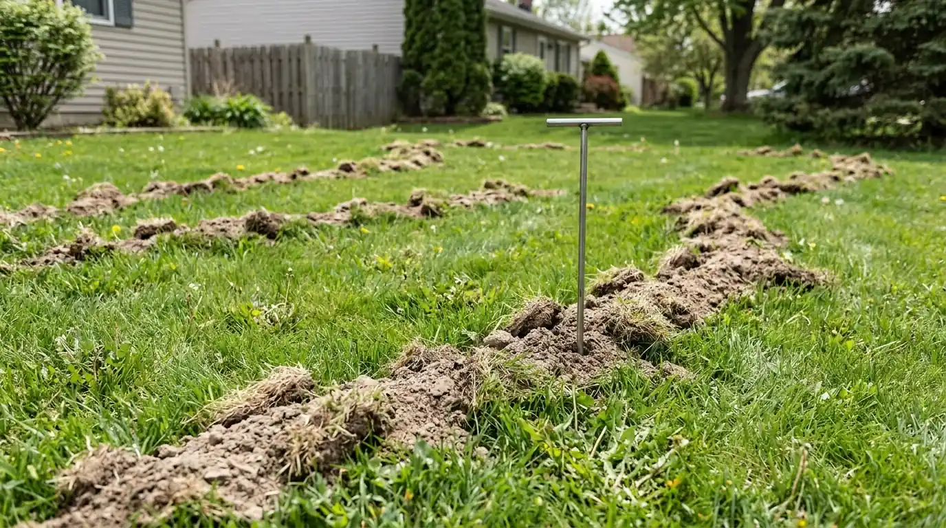 Active mole tunnel ridges being probed on a San Jose lawn