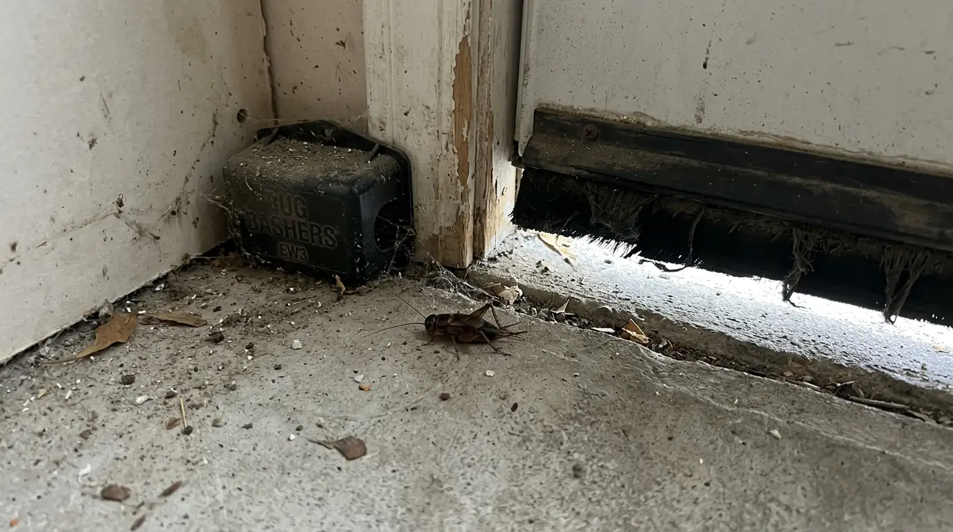 Cricket entering a San Jose garage through a worn door sweep