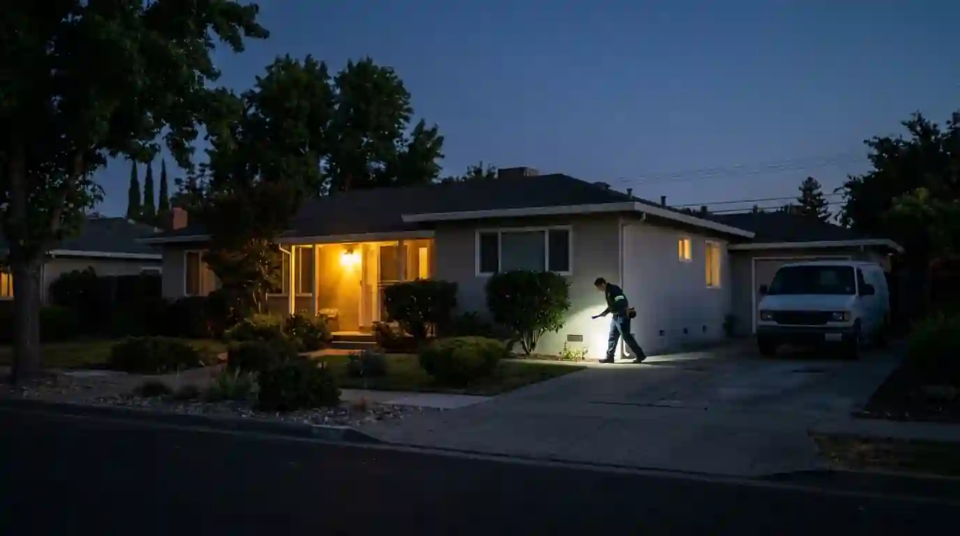 Pest control technician inspecting the foundation of a San Jose home at night by flashlight