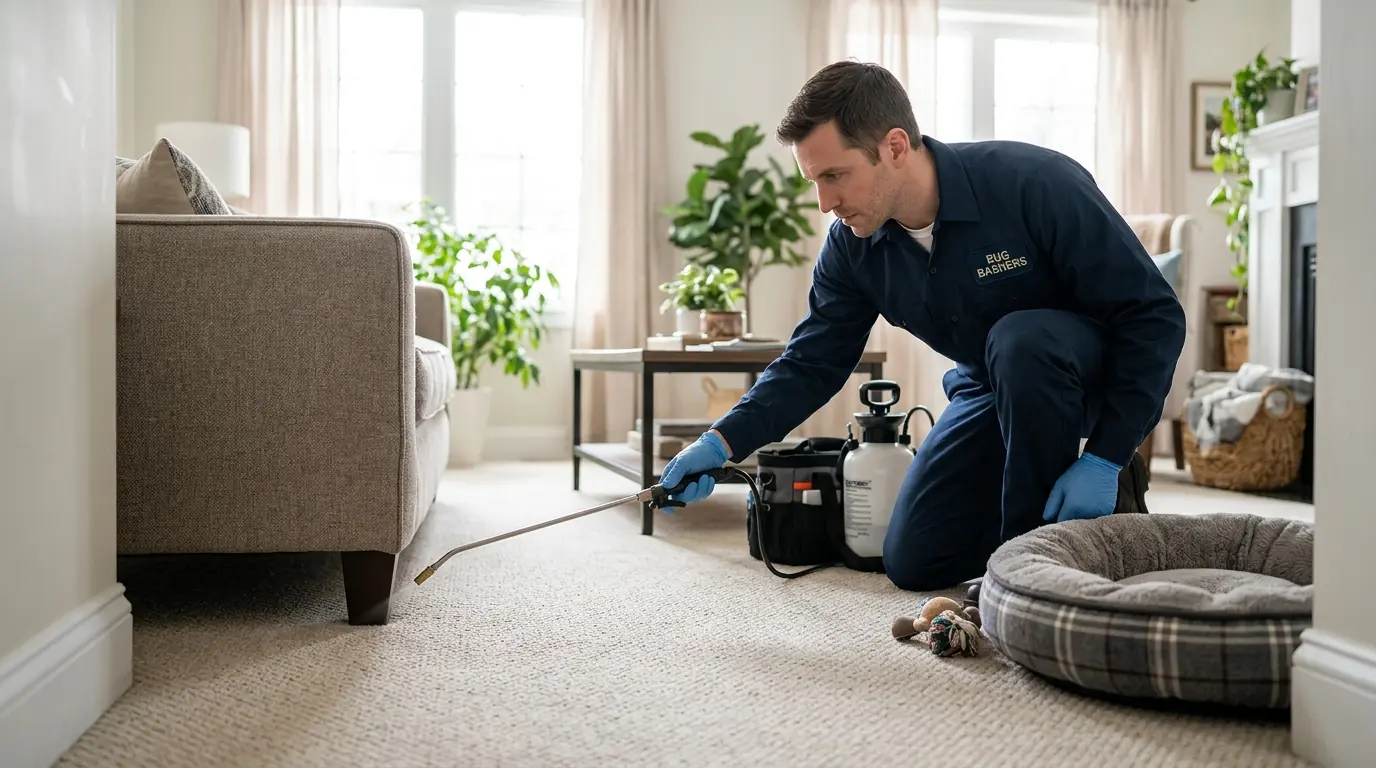 Indoor flea treatment along carpet edges and pet bedding in San Jose