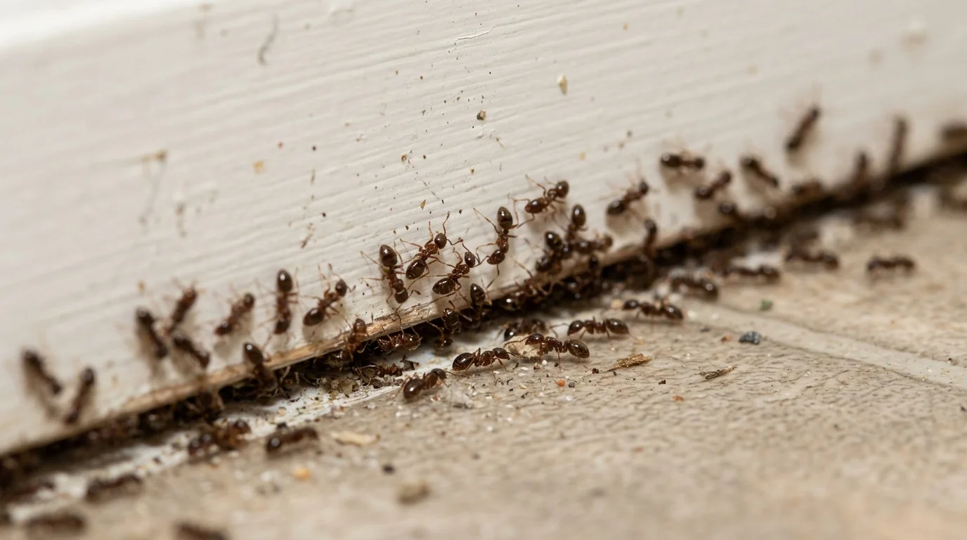 Argentine ant trail along a baseboard in a San Jose kitchen