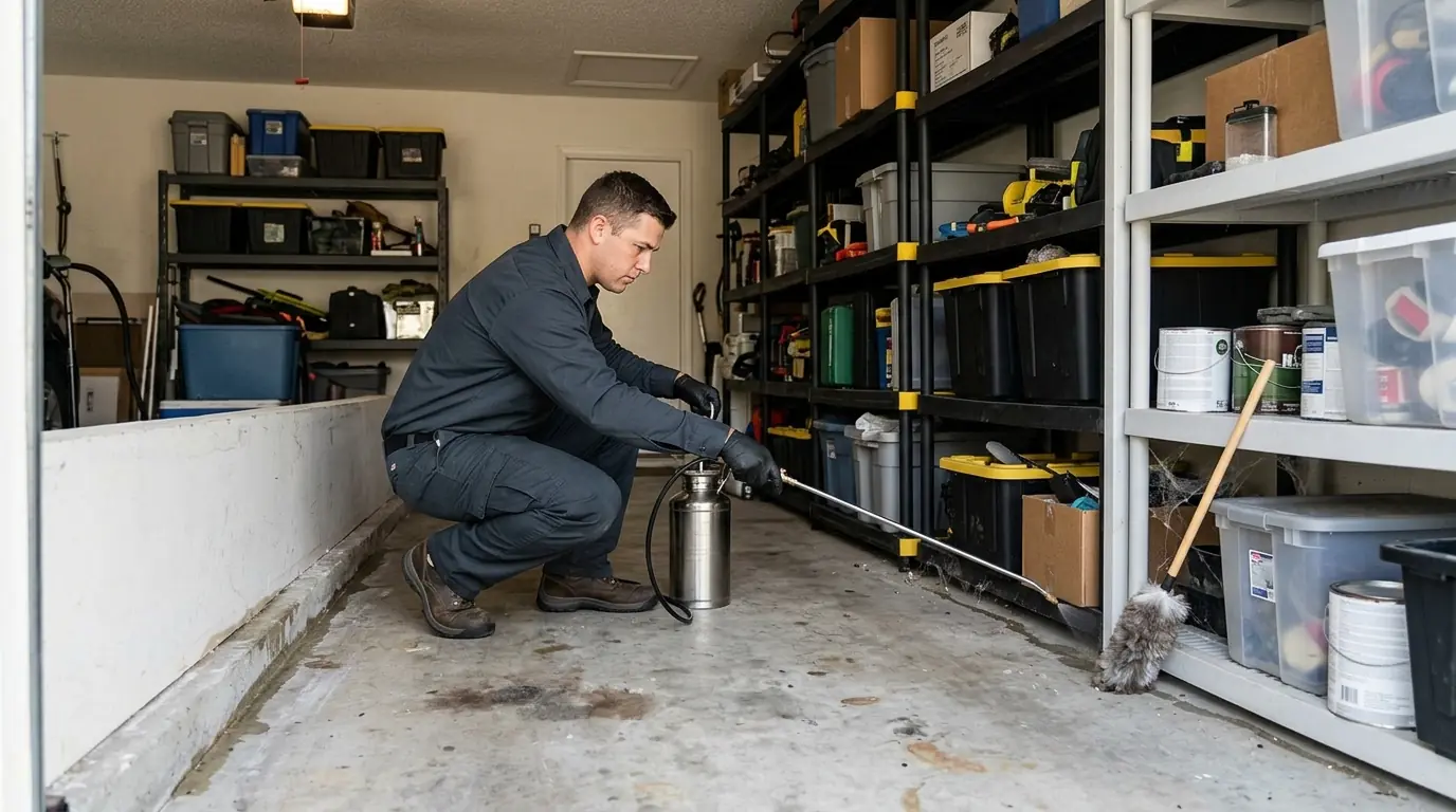 Garage floor line treatment during spider service in San Jose