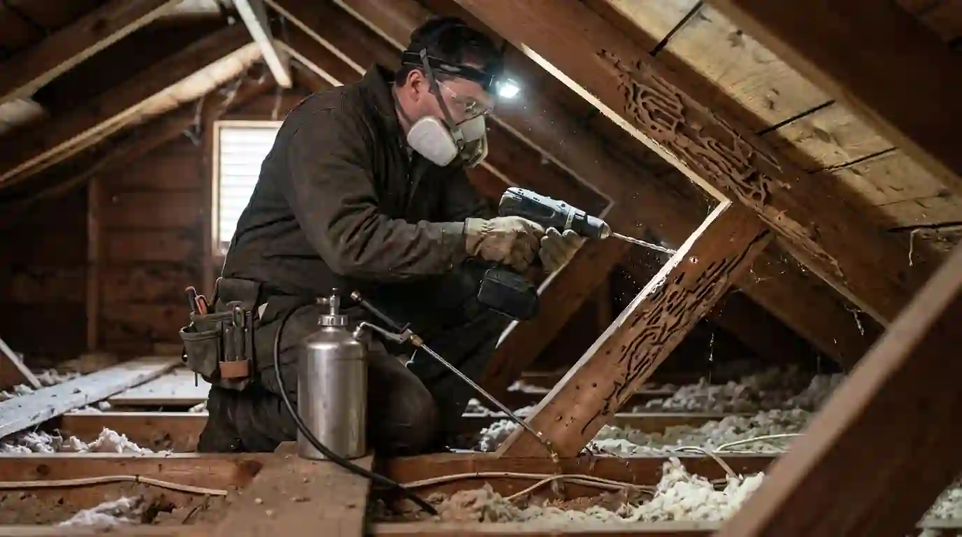 Local drywood termite treatment being injected into attic framing in San Jose