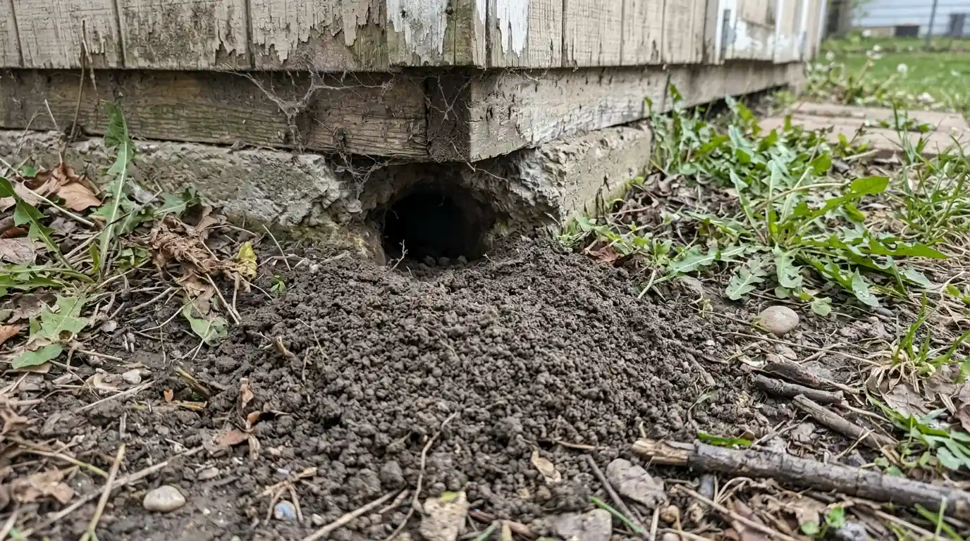 Norway rat burrow under a shed on a San Jose property