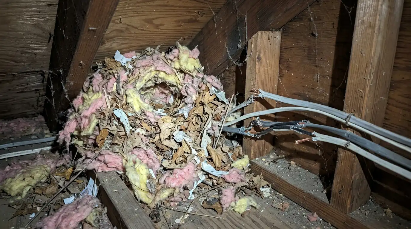 Squirrel nest and chewed wiring in a San Jose attic