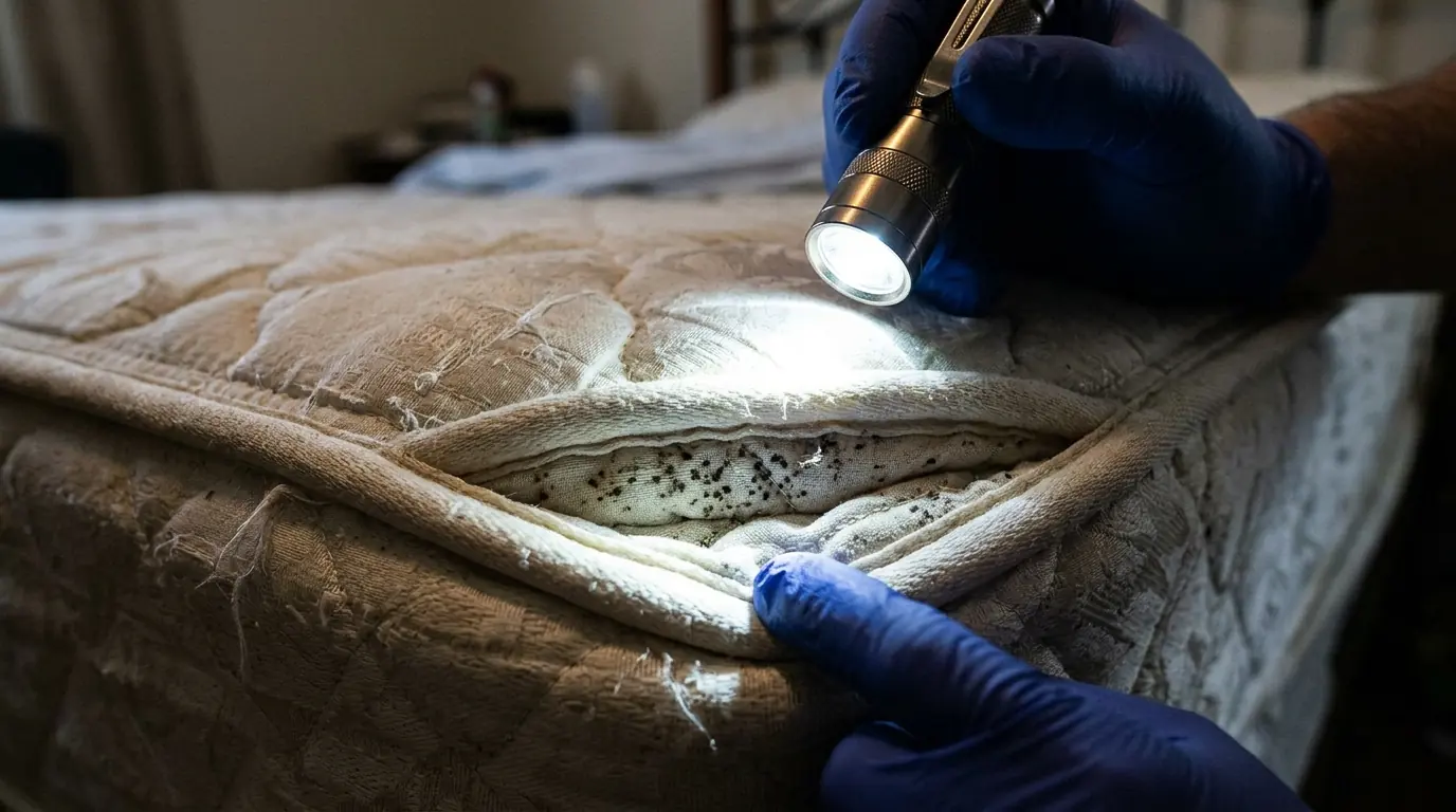 Checking a mattress seam for bed bug evidence in San Jose
