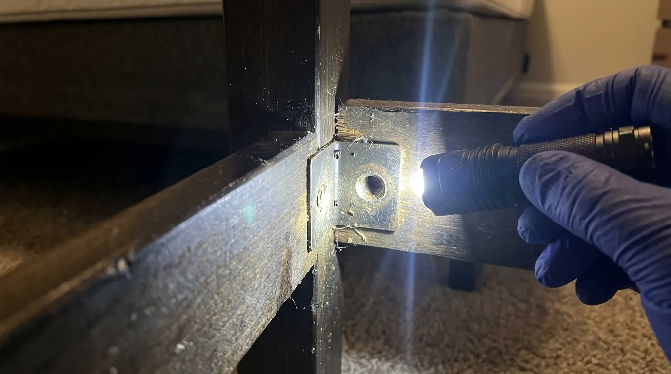 Checking a bed frame joint for bed bug harborage