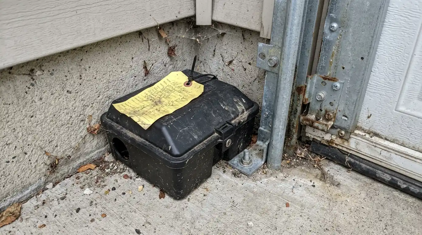 Secured bait station placed along a San Jose garage wall