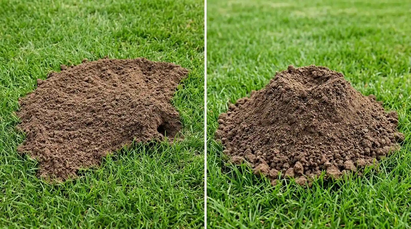 Gopher and mole mounds side by side on a San Jose lawn