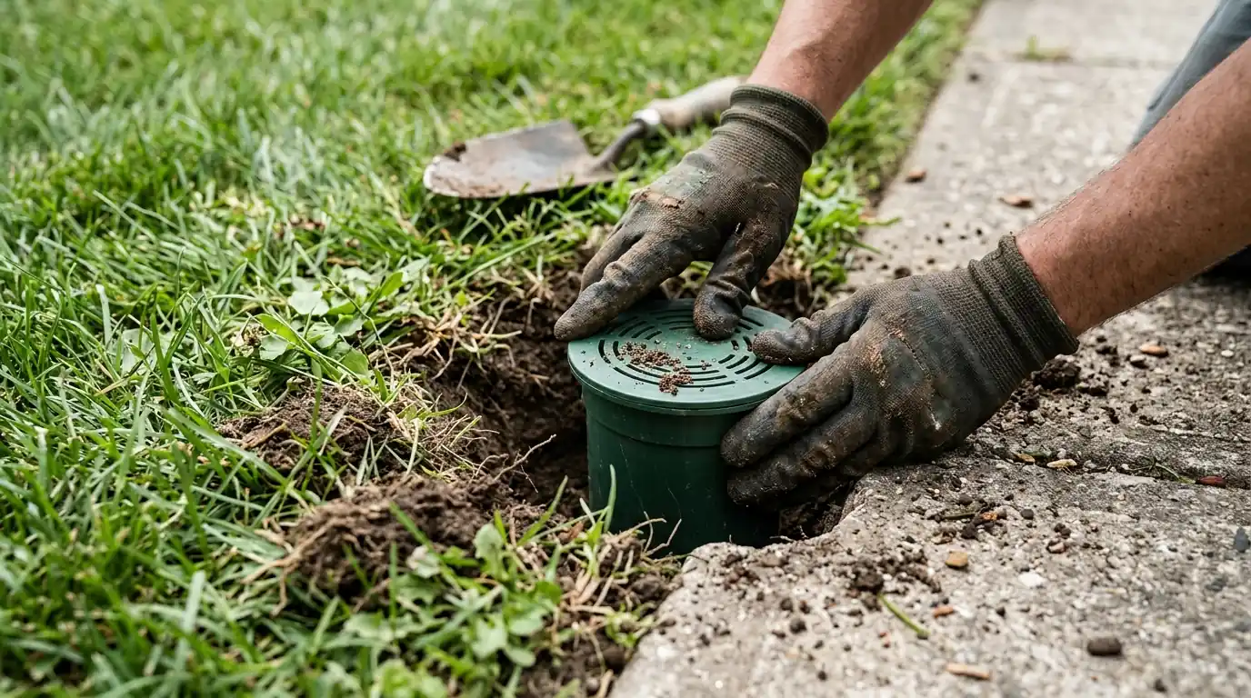 Installing an in-ground termite monitoring station at a San Jose lawn edge