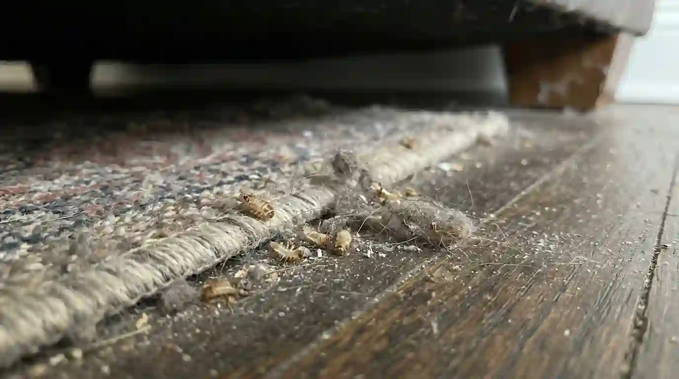 Carpet beetle evidence along a rug edge in San Jose