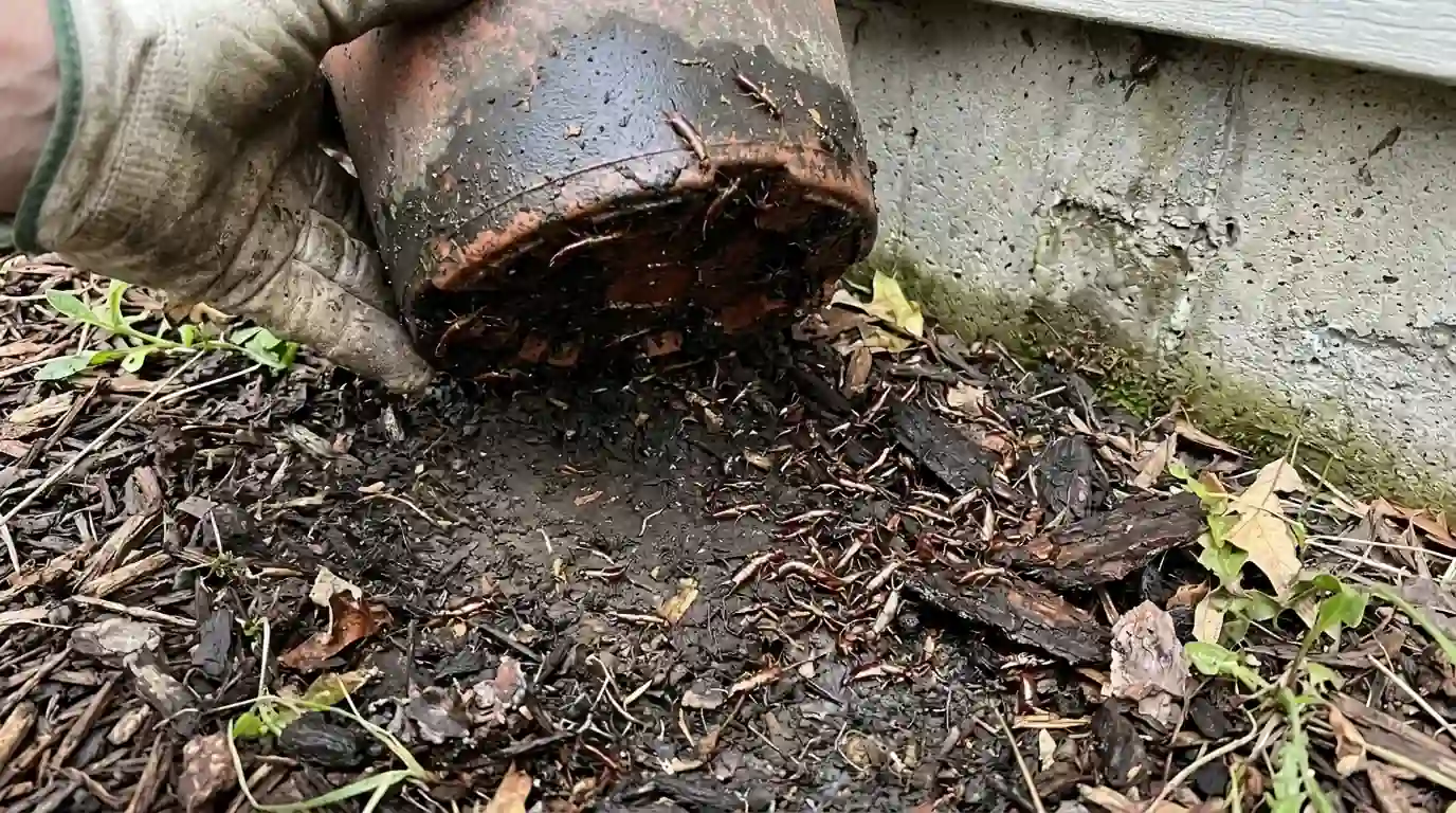 Earwigs found in damp harborage beside a San Jose foundation