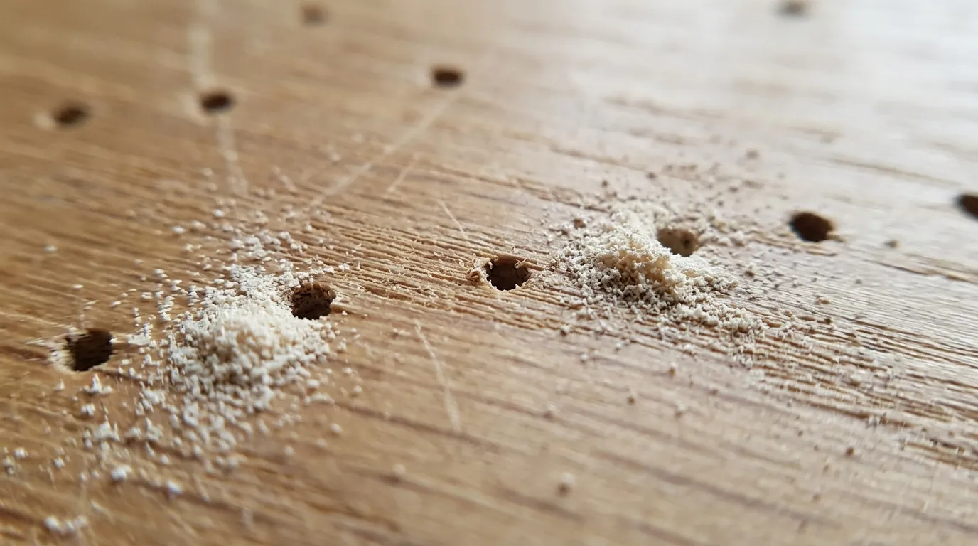 Powderpost beetle exit holes and frass in oak flooring in a San Jose home