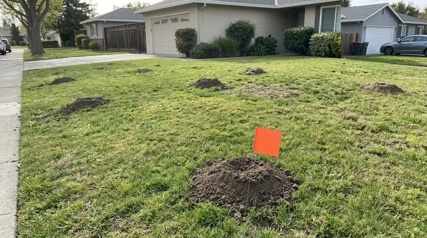 Technician marking garden damage on a San Jose lawn edge