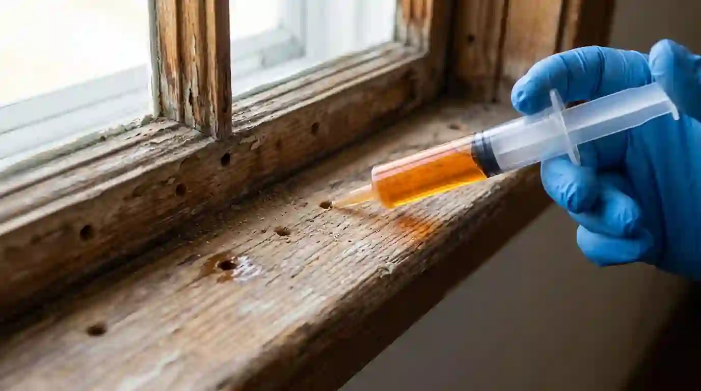 Orange oil drywood termite treatment on a window frame in San Jose