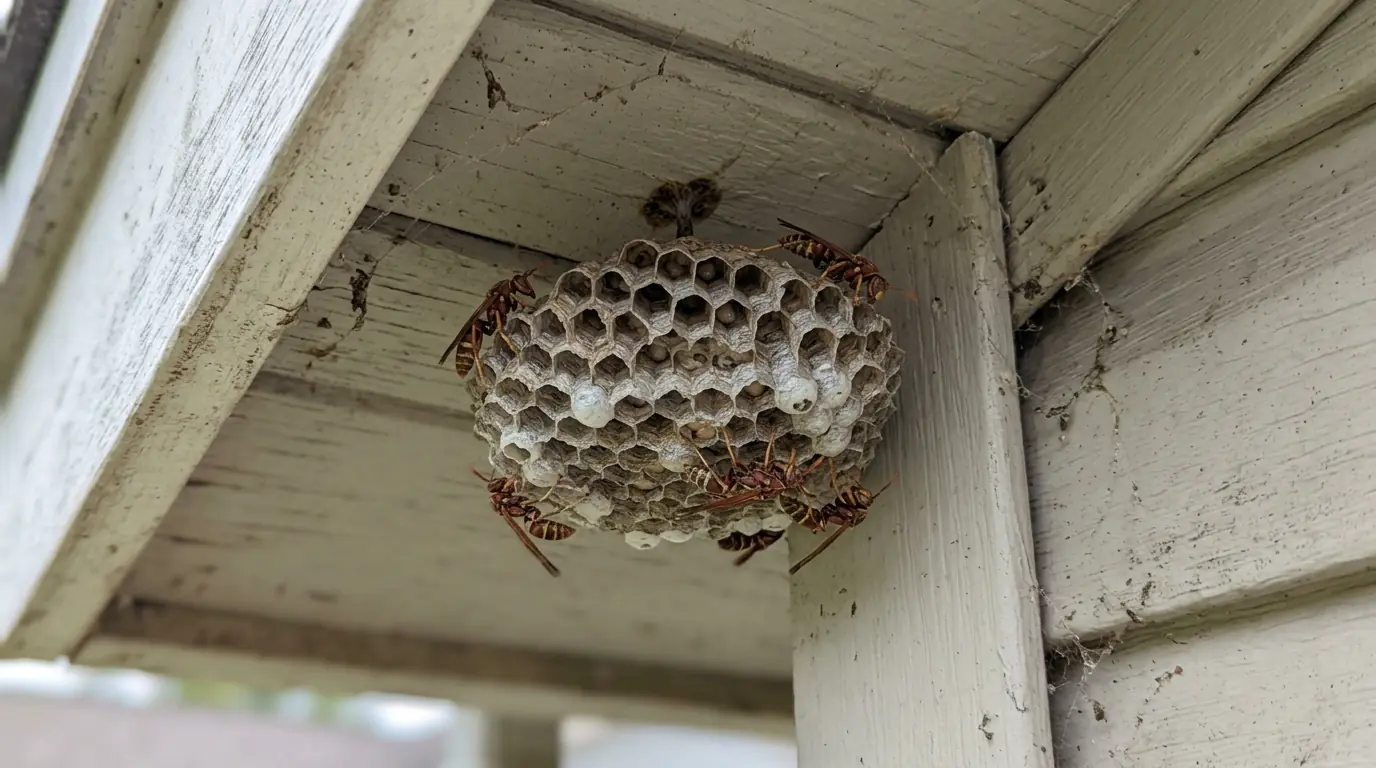 Paper wasp nest under a San Jose eave