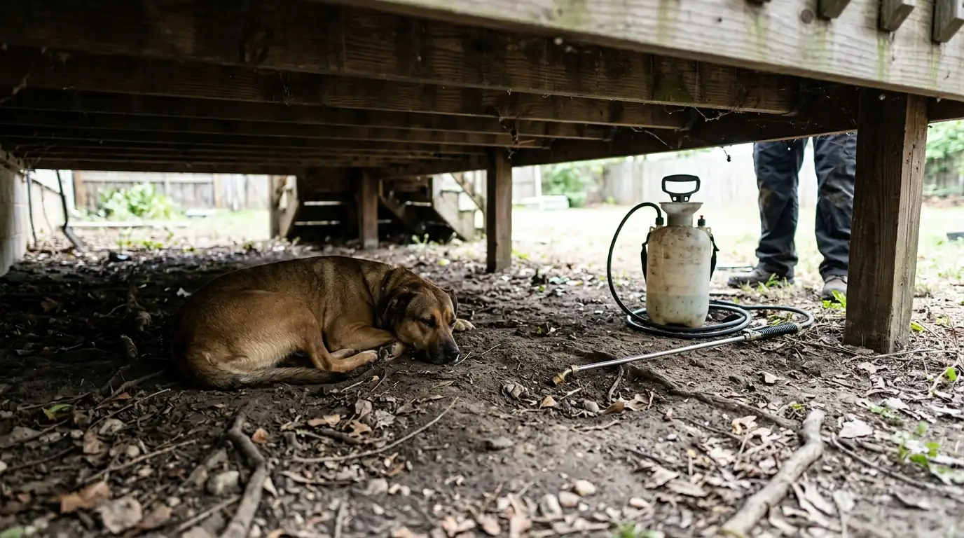 Yard flea treatment in a shaded rest area under a San Jose deck