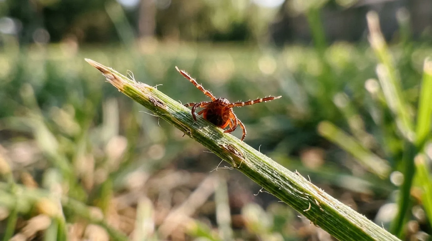 Questing tick on a grass stem at a San Jose yard edge