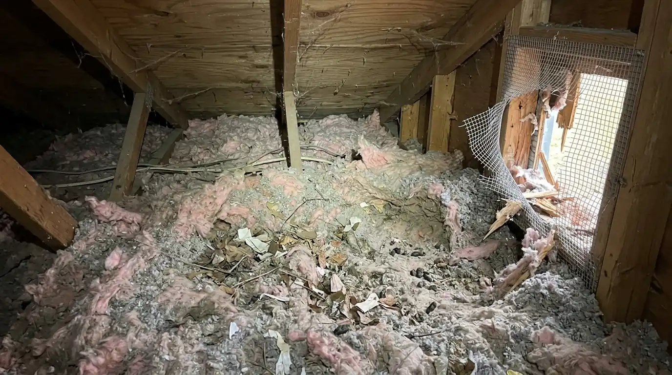 Raccoon den damage and flattened insulation in a San Jose attic