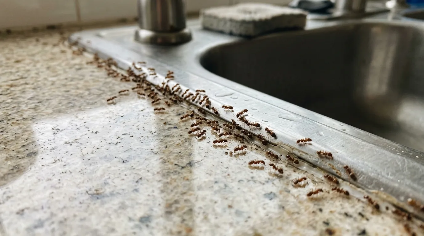 Argentine ant trail returning along a San Jose kitchen counter