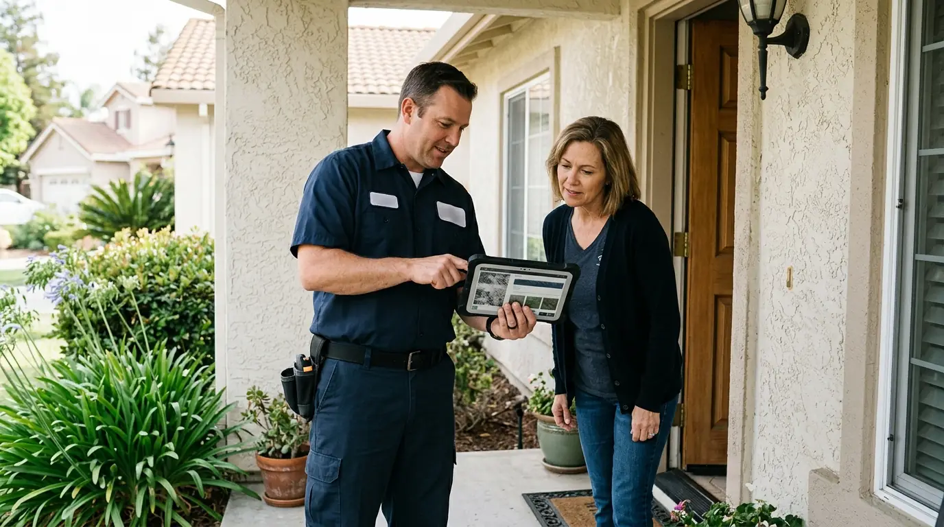 Technician reviewing inspection findings with a San Jose homeowner on the porch