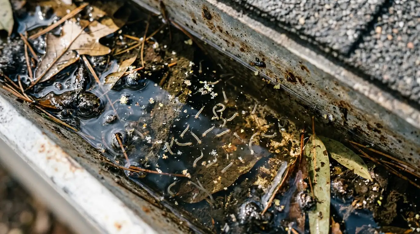 Mosquito larvae breeding in a clogged gutter at a San Jose home