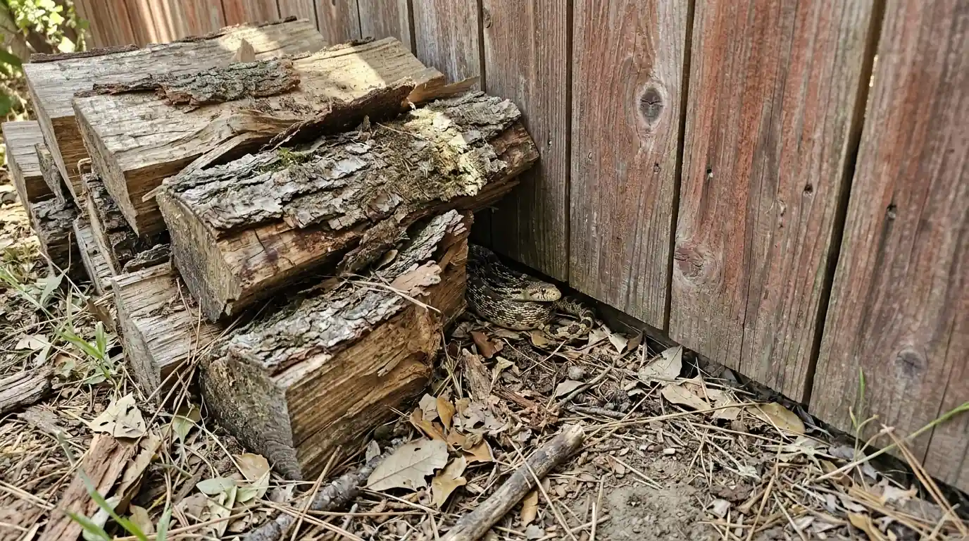Snake harborage behind a woodpile at a San Jose property