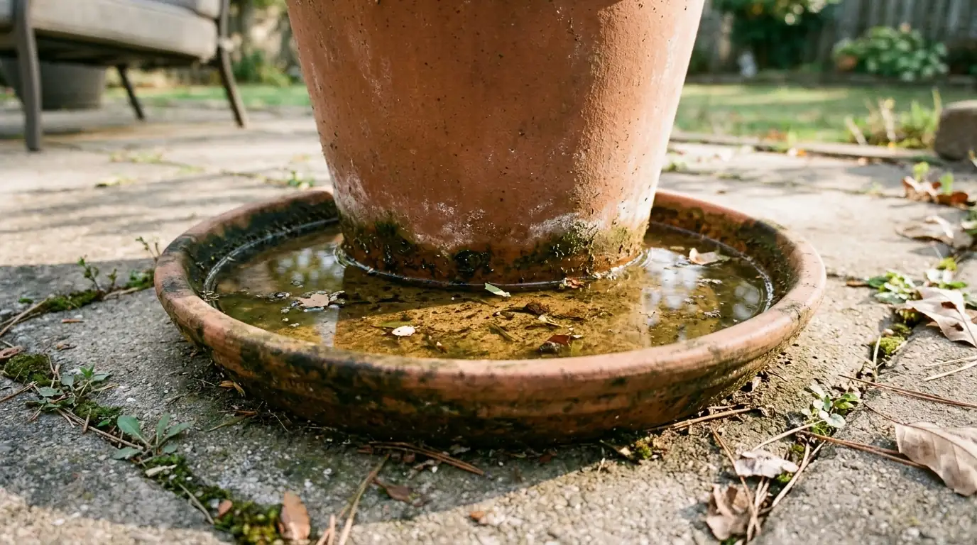Standing water in a plant saucer, a common mosquito breeding site in San Jose yards