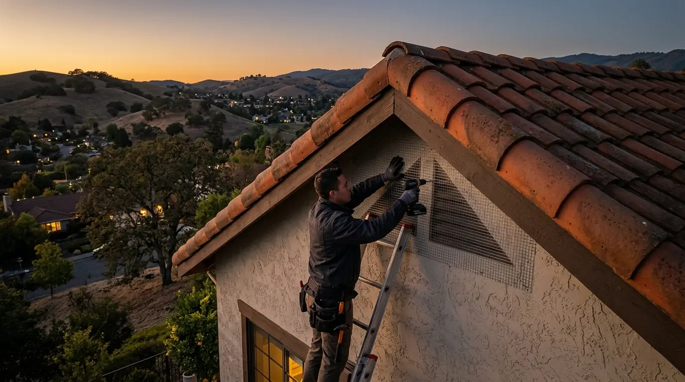 Sealing a gable vent against roof rats on a San Jose tile roof at dusk