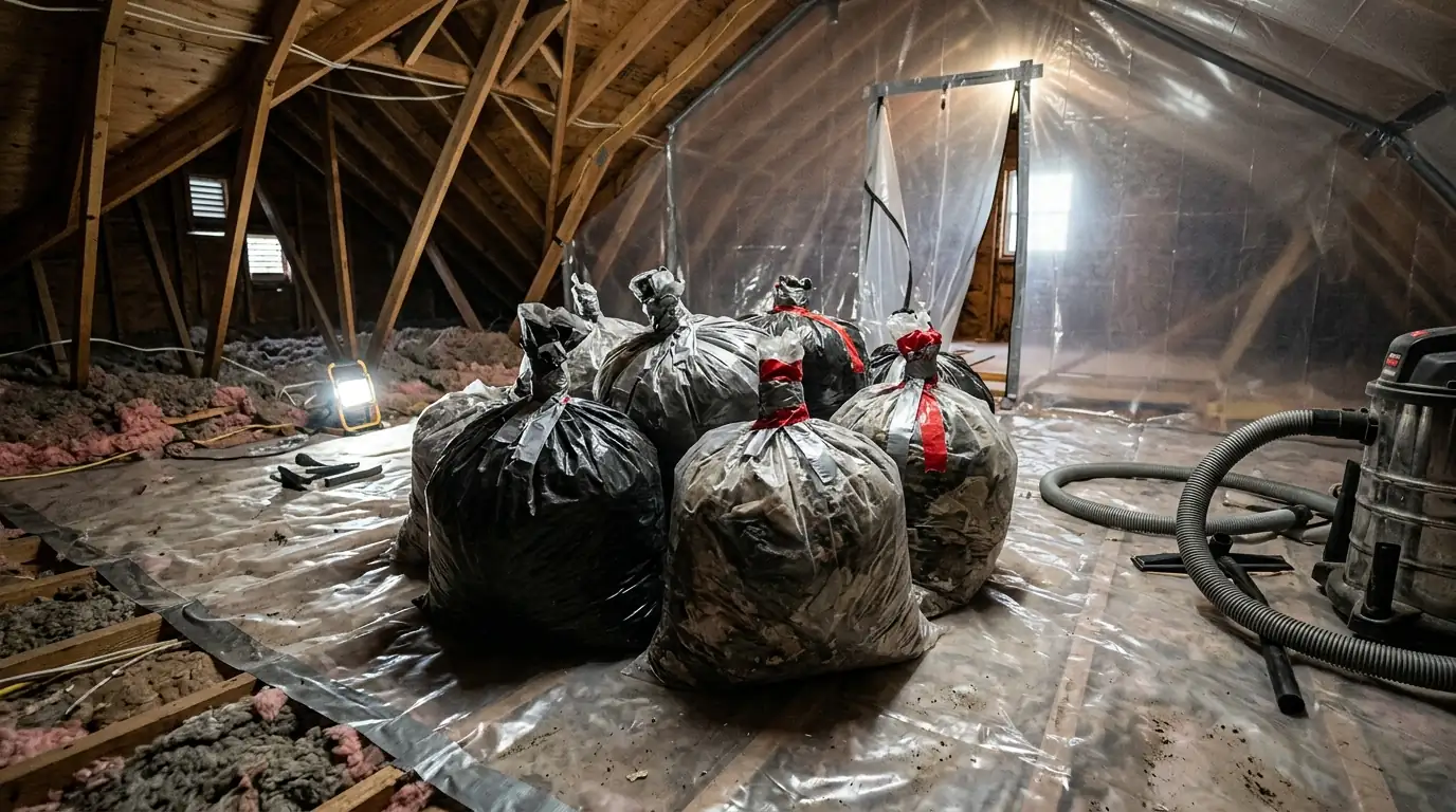 Contained HEPA removal of rodent droppings in a San Jose attic