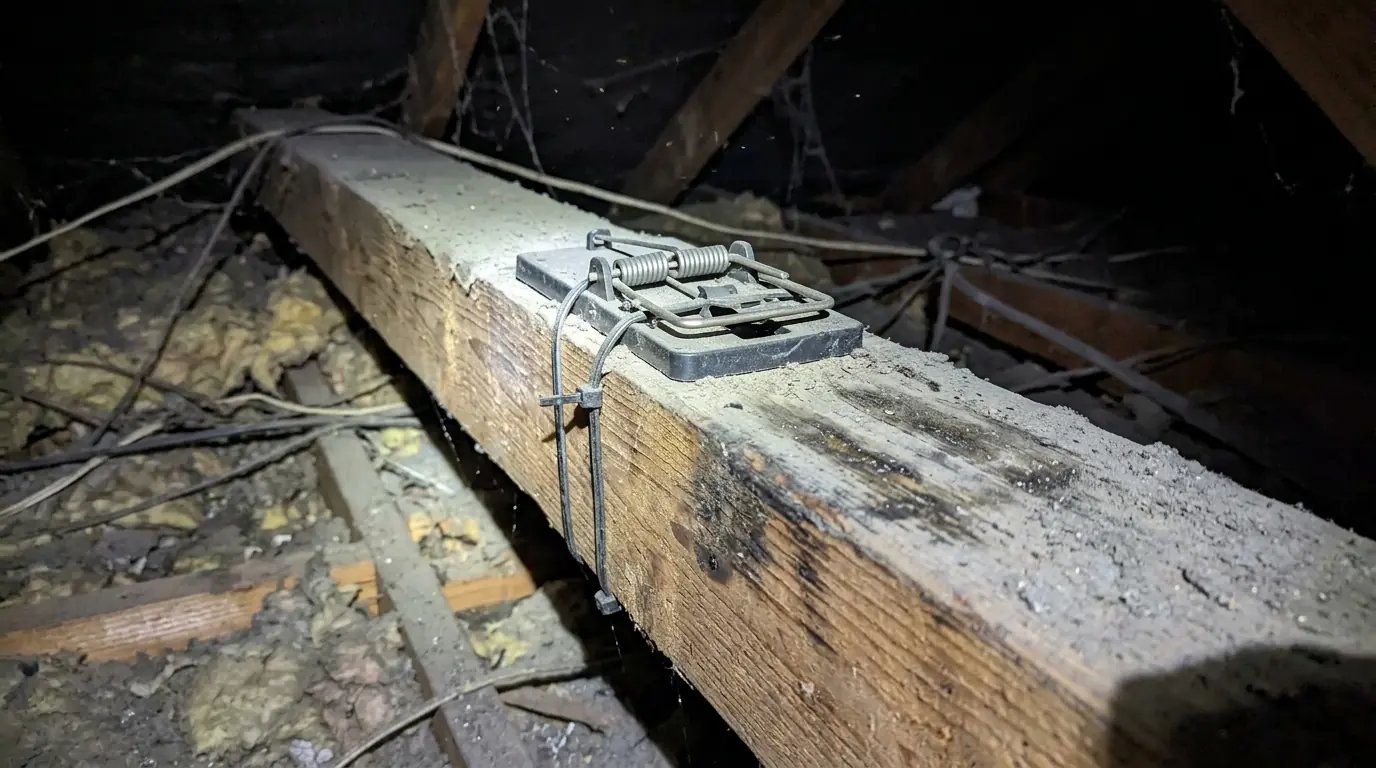 Trap set on a roof rat runway in a San Jose attic