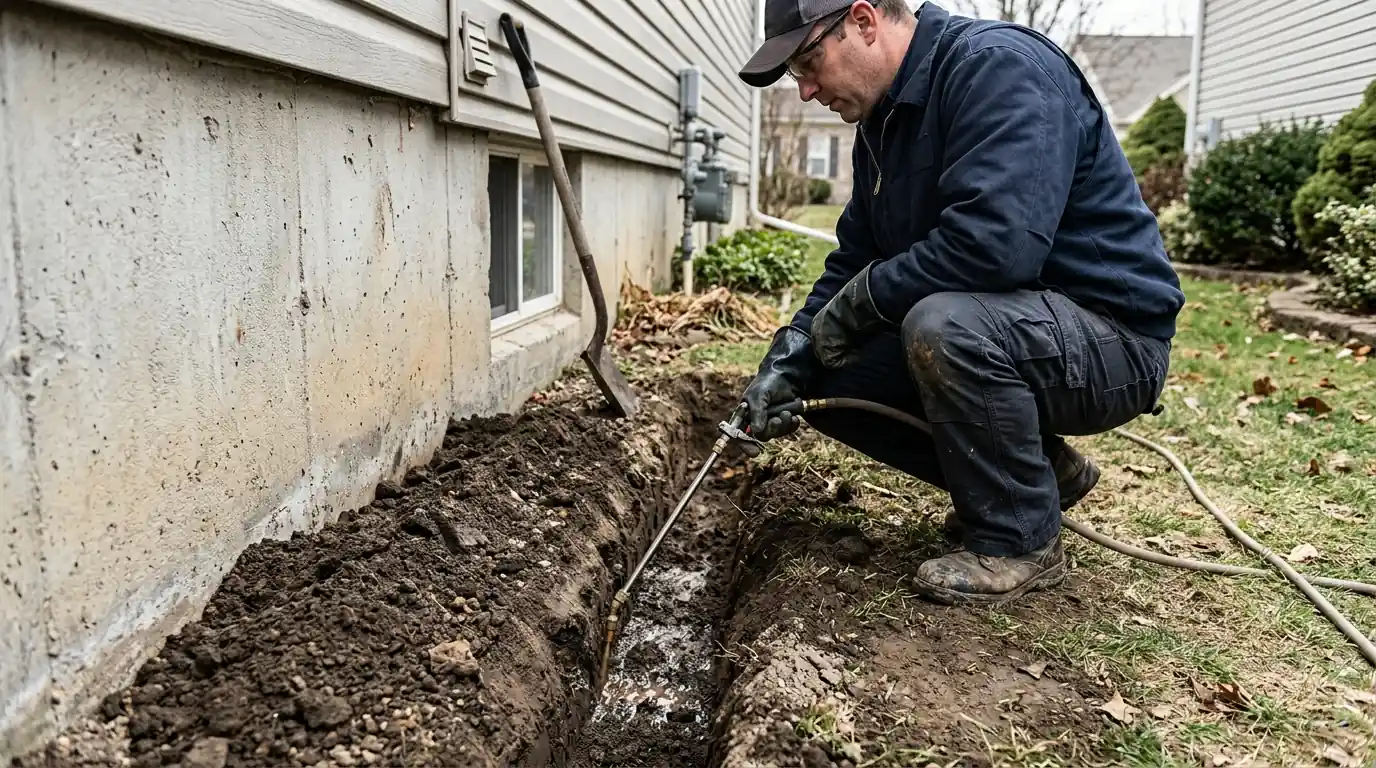 Liquid soil barrier being applied along a San Jose home foundation